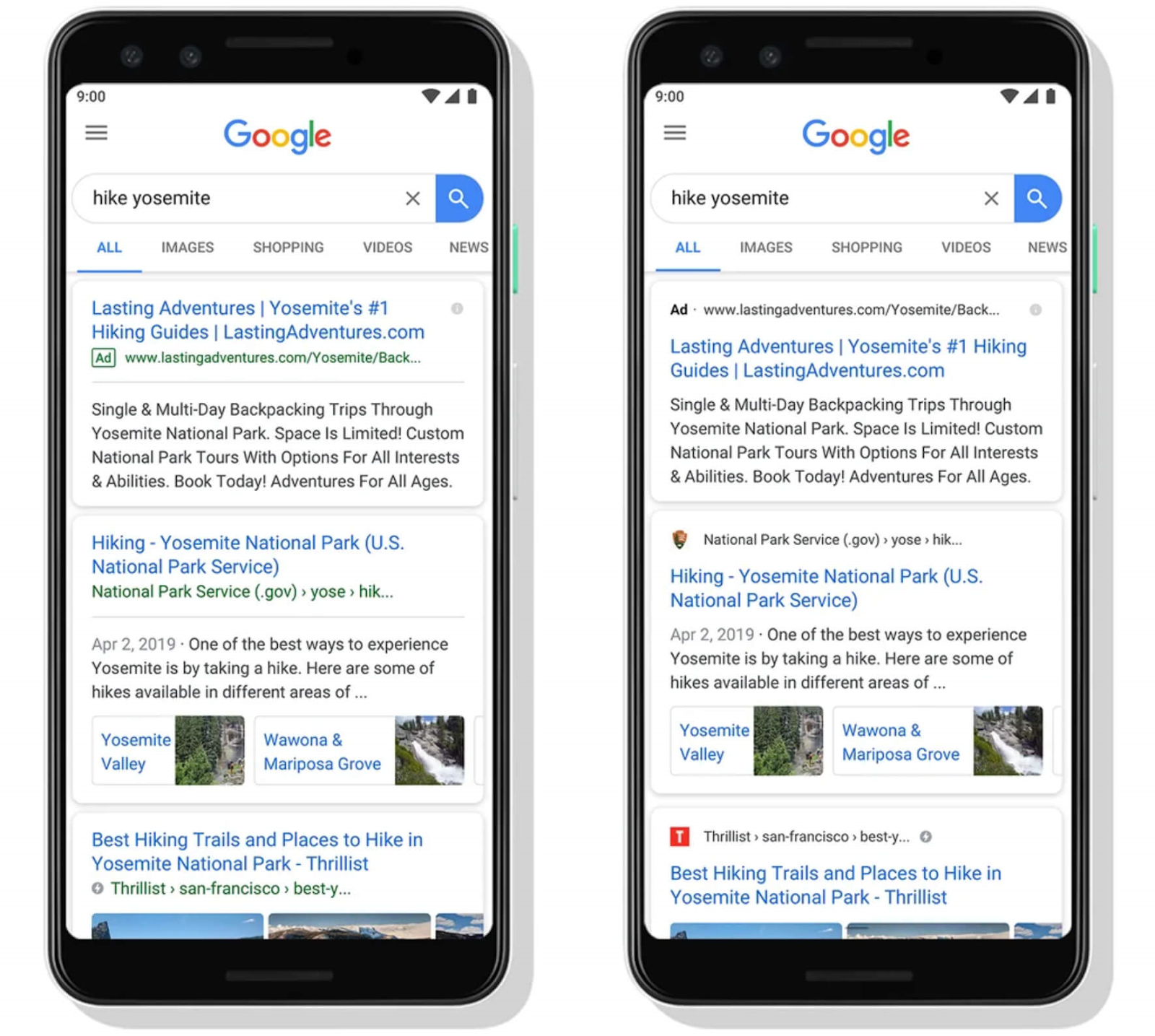 A visual showing 谷歌 SERP without website names and favicons (left) and with website names and favicons (right)