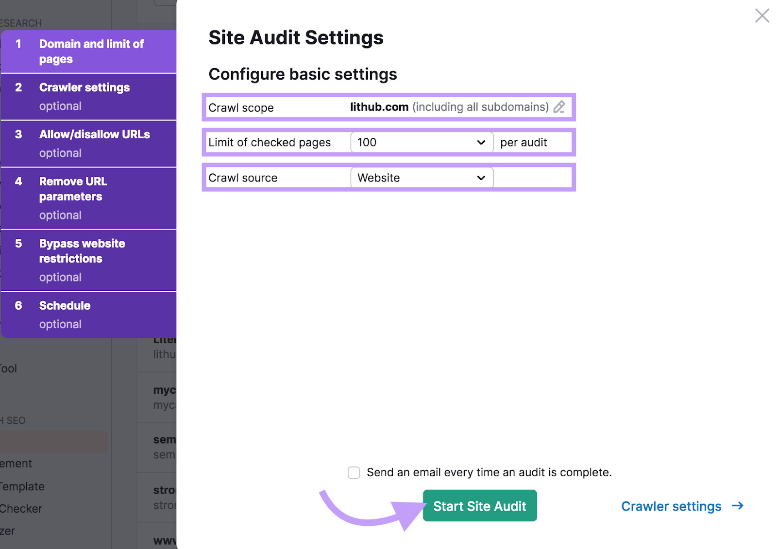 crawl scope, limit of checked pages,和crawl source configuration settings in 现场审核工具