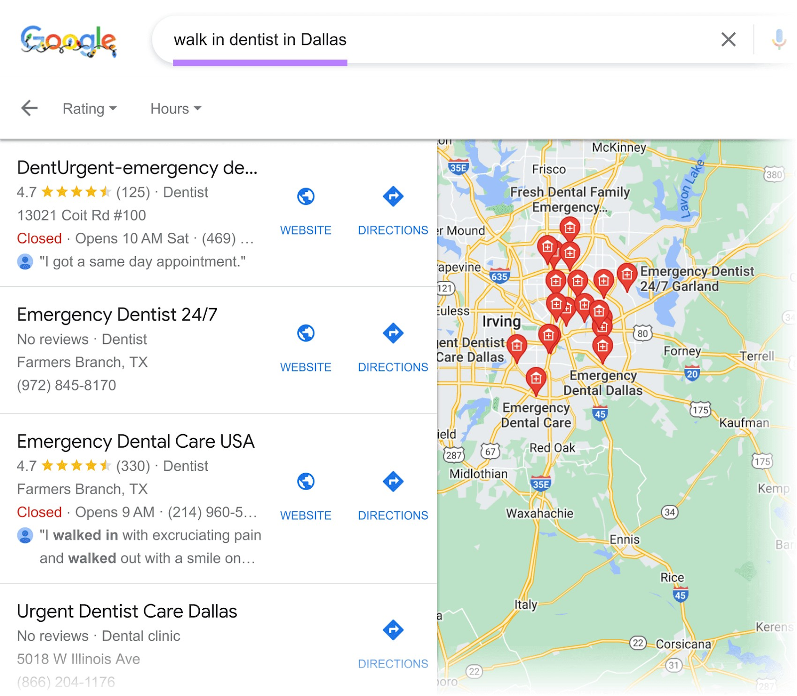 Google Local Finder results for