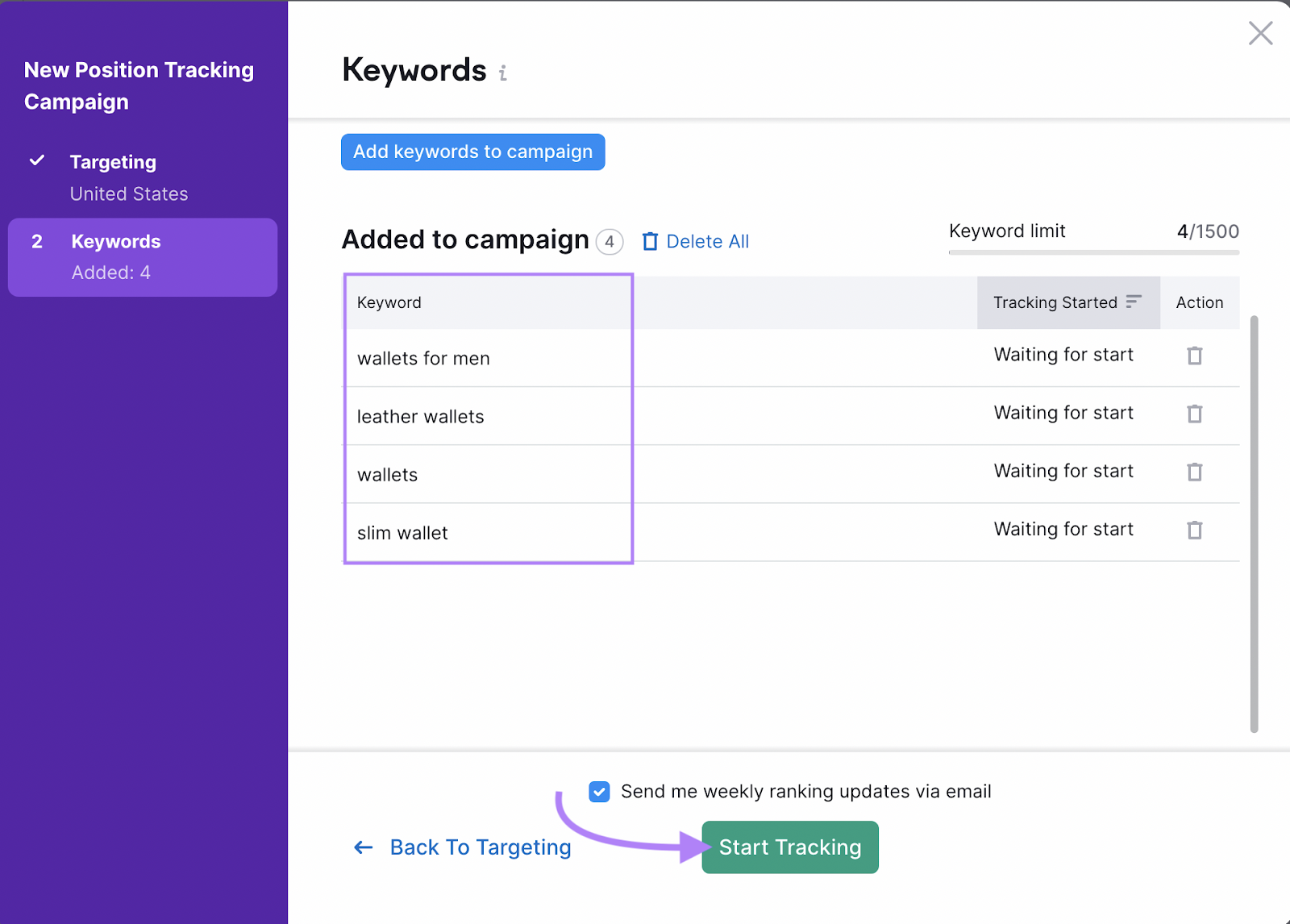 once you have set the target location and added keywords to campaign in 位置跟踪 tool, press