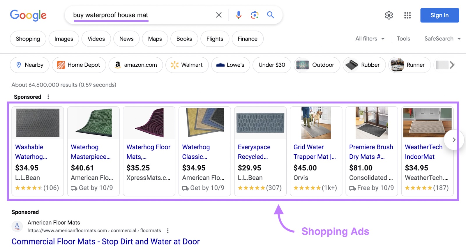 Google shopping ads appearing for “buy waterproof house mat