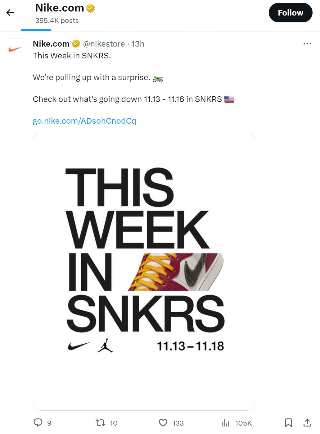 Nike's post on X (formerly Twitter) with 