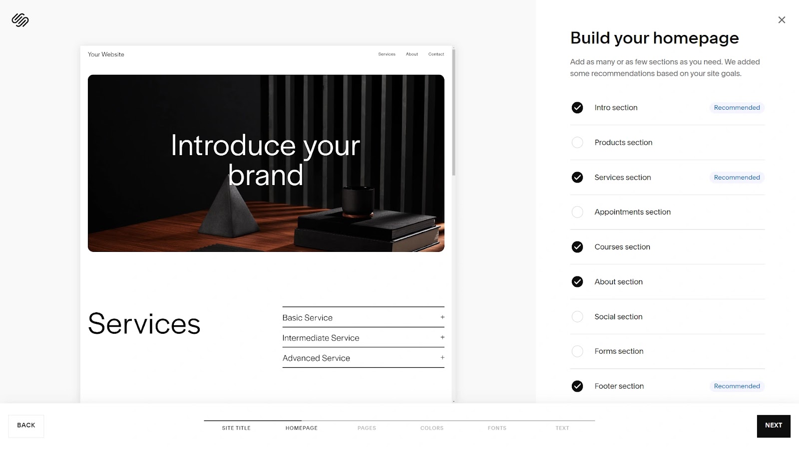Squarres空间 website builder interface