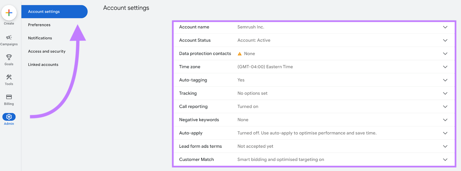 Google 广告 account settings