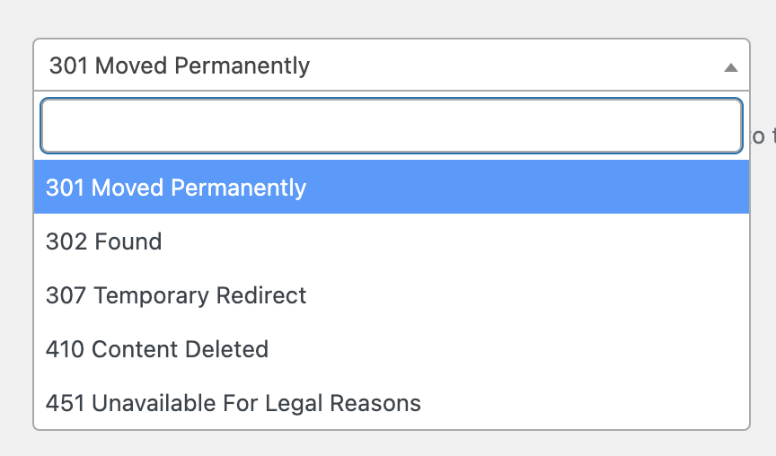 尤斯特搜索引擎优化 WordPress plugin redirect type selection screen showing option for 301 Moved Permanently.