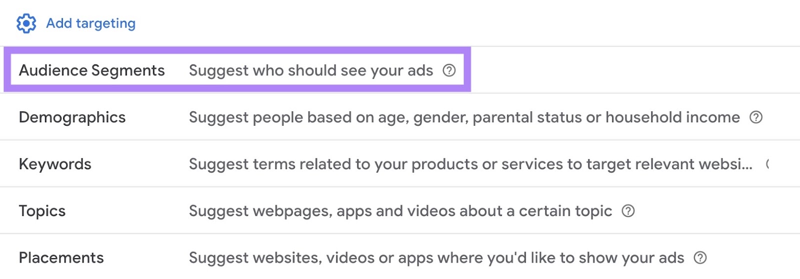 A list of targeting options with '观众群' selected.