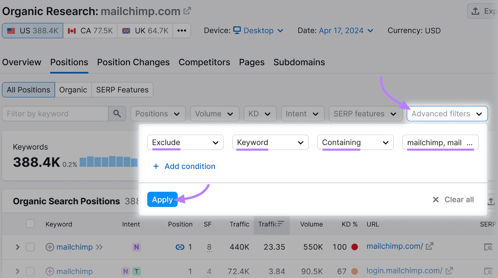 有机研究 职位 tab showing the option to apply advanced filters to exclude keywords containing the brand name.