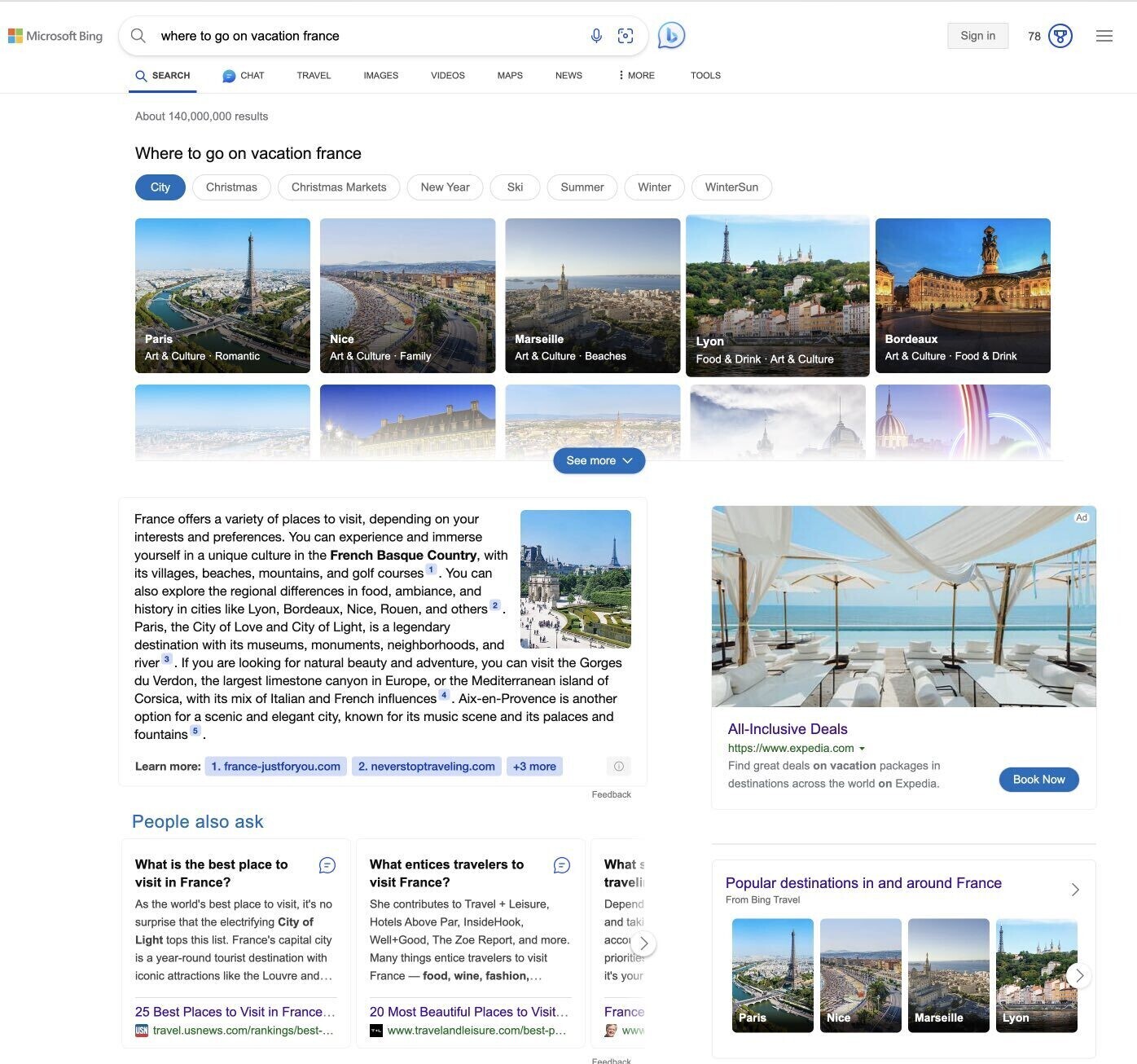 必应 SERP for “where to go on vacation france” with a summary of travel advice generated by AI