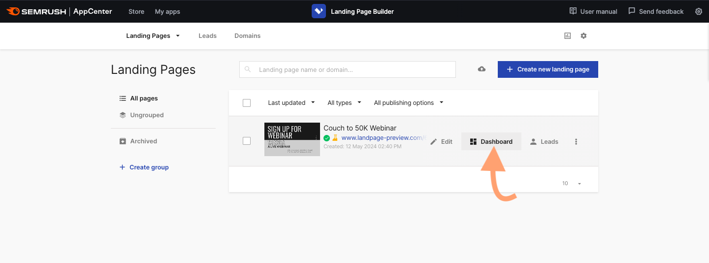 该menu for saved 登陆页面 in the Semrush 着陆页生成器.