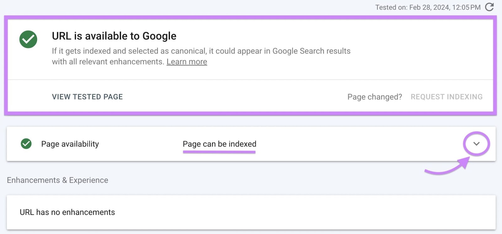 “Page availability”status showing “Page can be indexed”