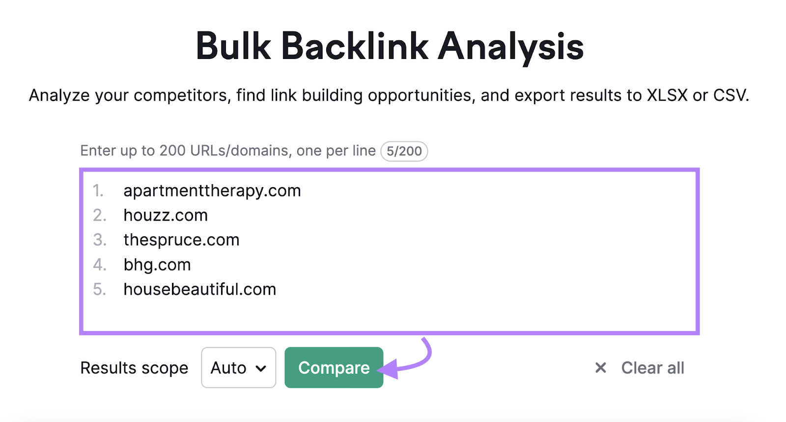 Bulk 反向链接分析tool search box