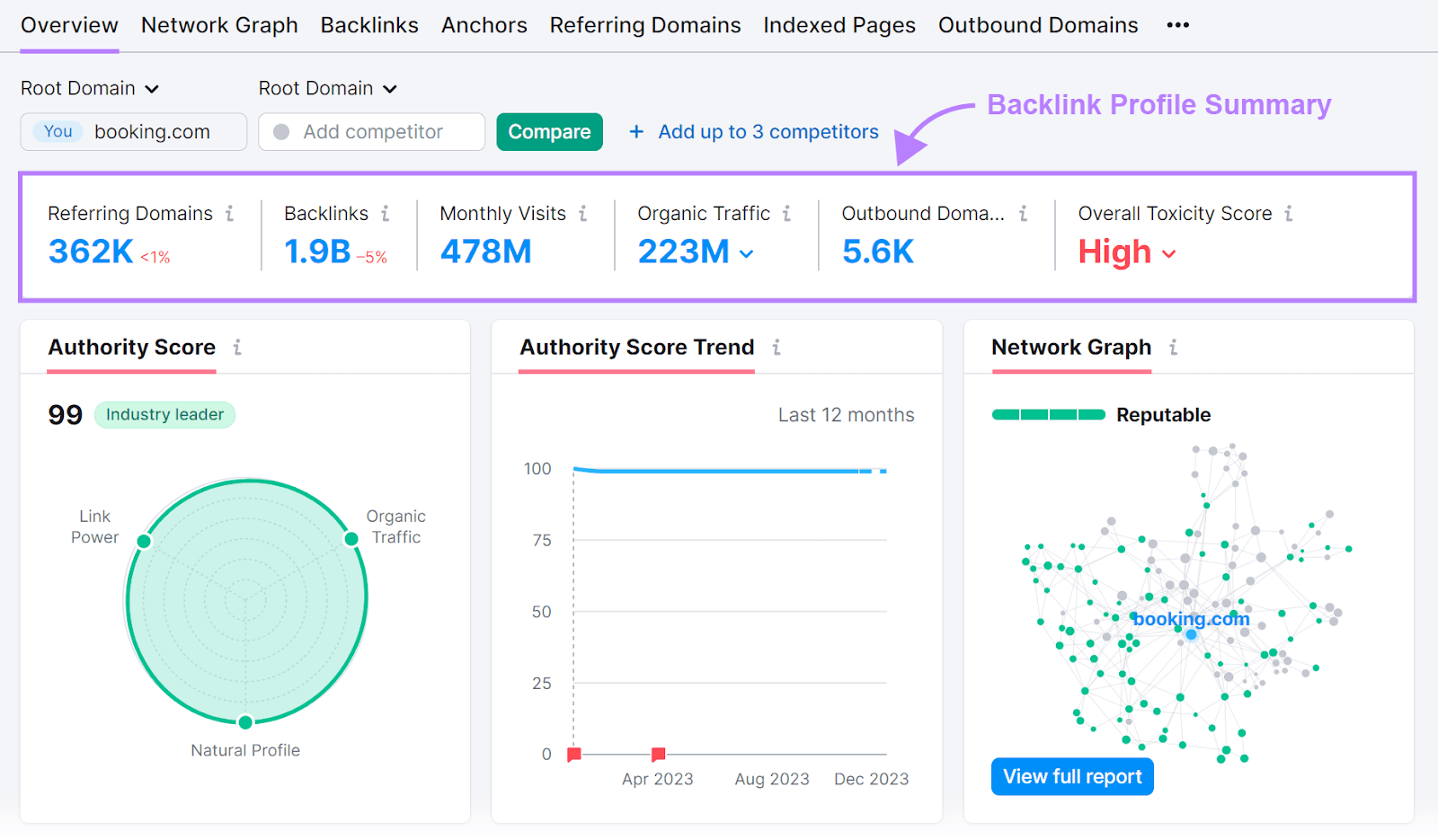 Backlink profile summary metrics highlighted in 反向链接分析 tool