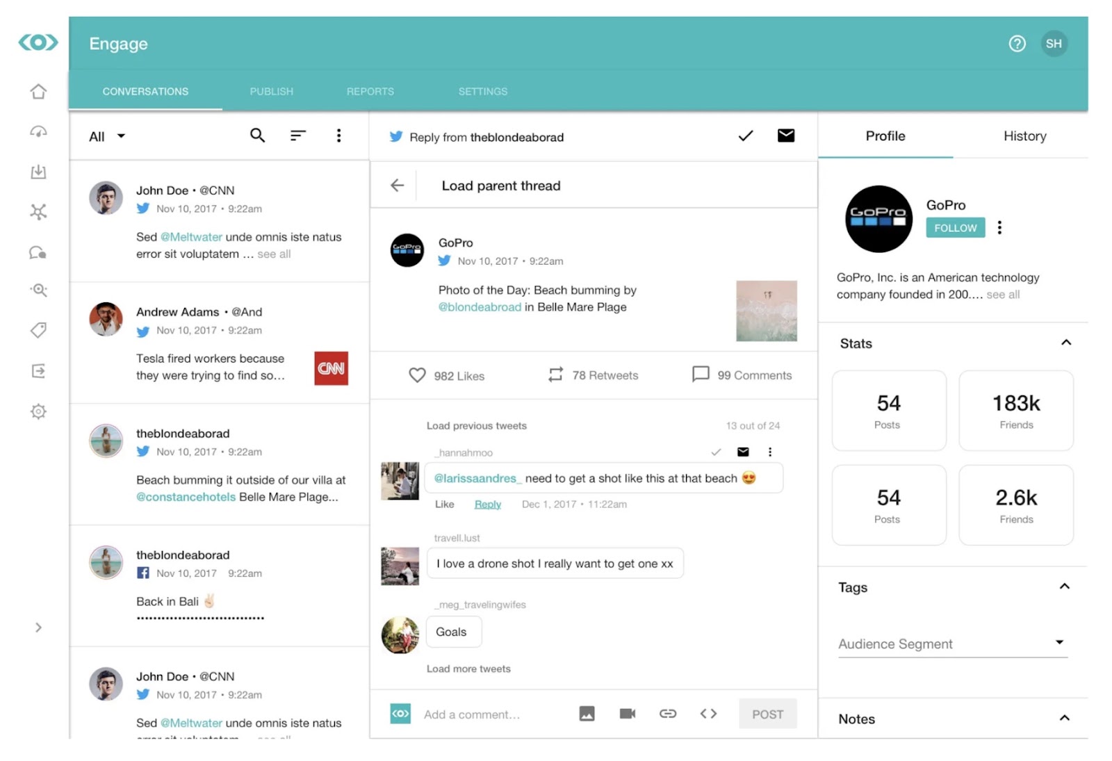'Conversations' tab from social media monitoring tool 融水,融水 showing messages and mentions from different social channels.
