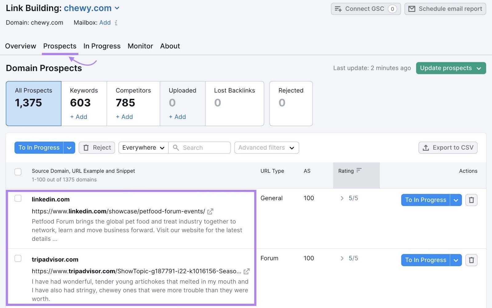 “前景”tab in 链接构建工具 provides you a list of websites you can contact for backlinks