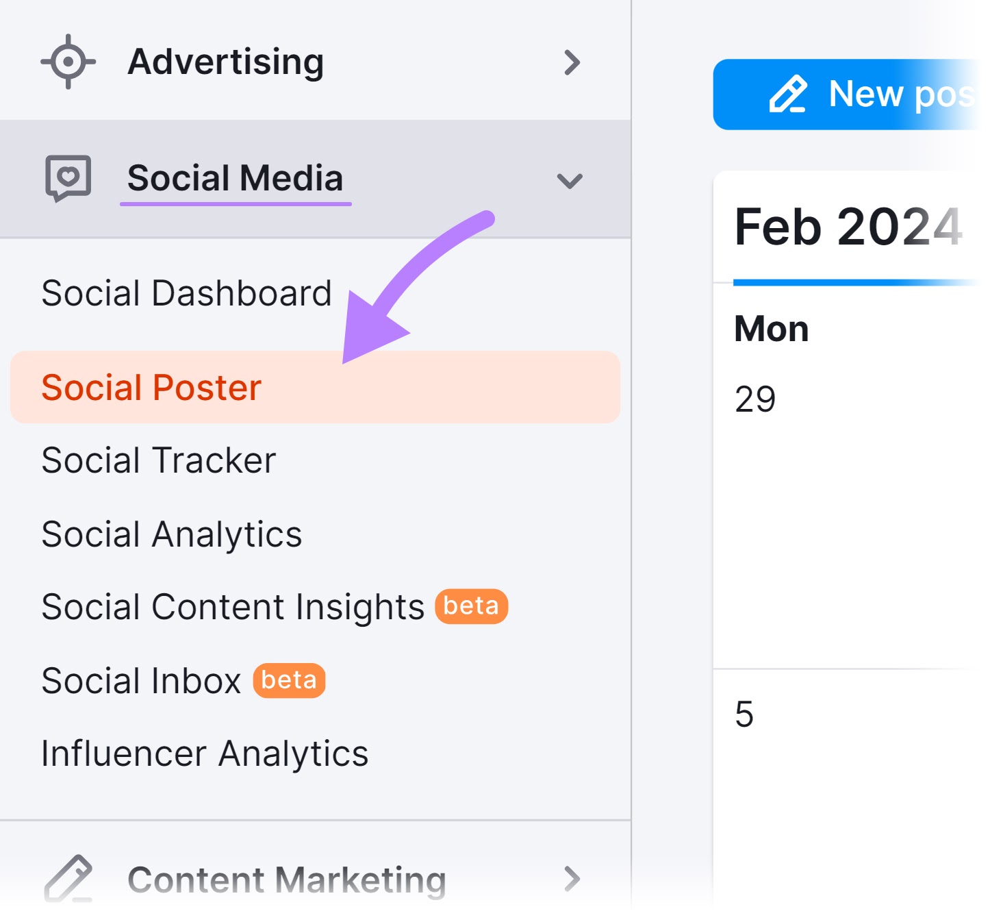 Navigating to 社交海报 in Semrush dashboard