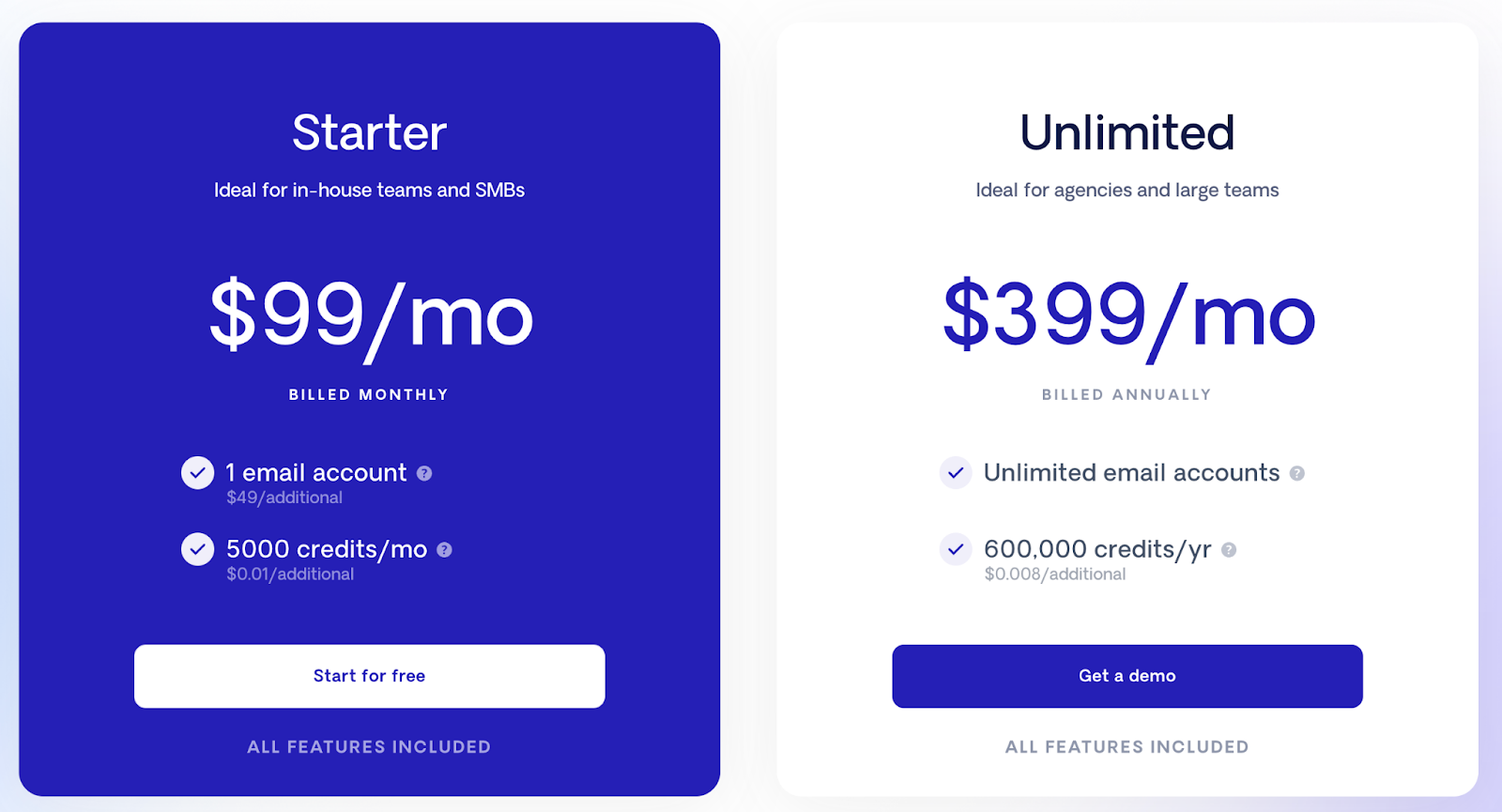 回应’s pricing page showing prices for Starter and Unlimited plans