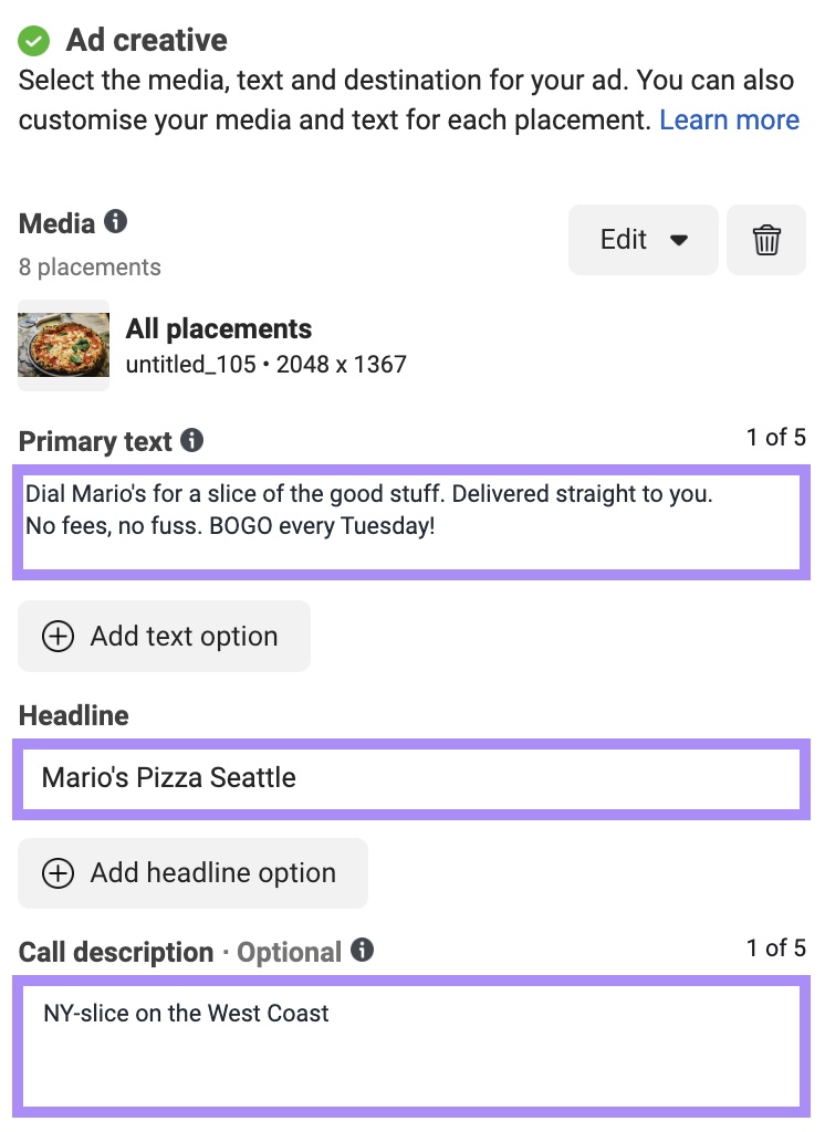 主要文本, headline and description sections for Mario's Facebook ad