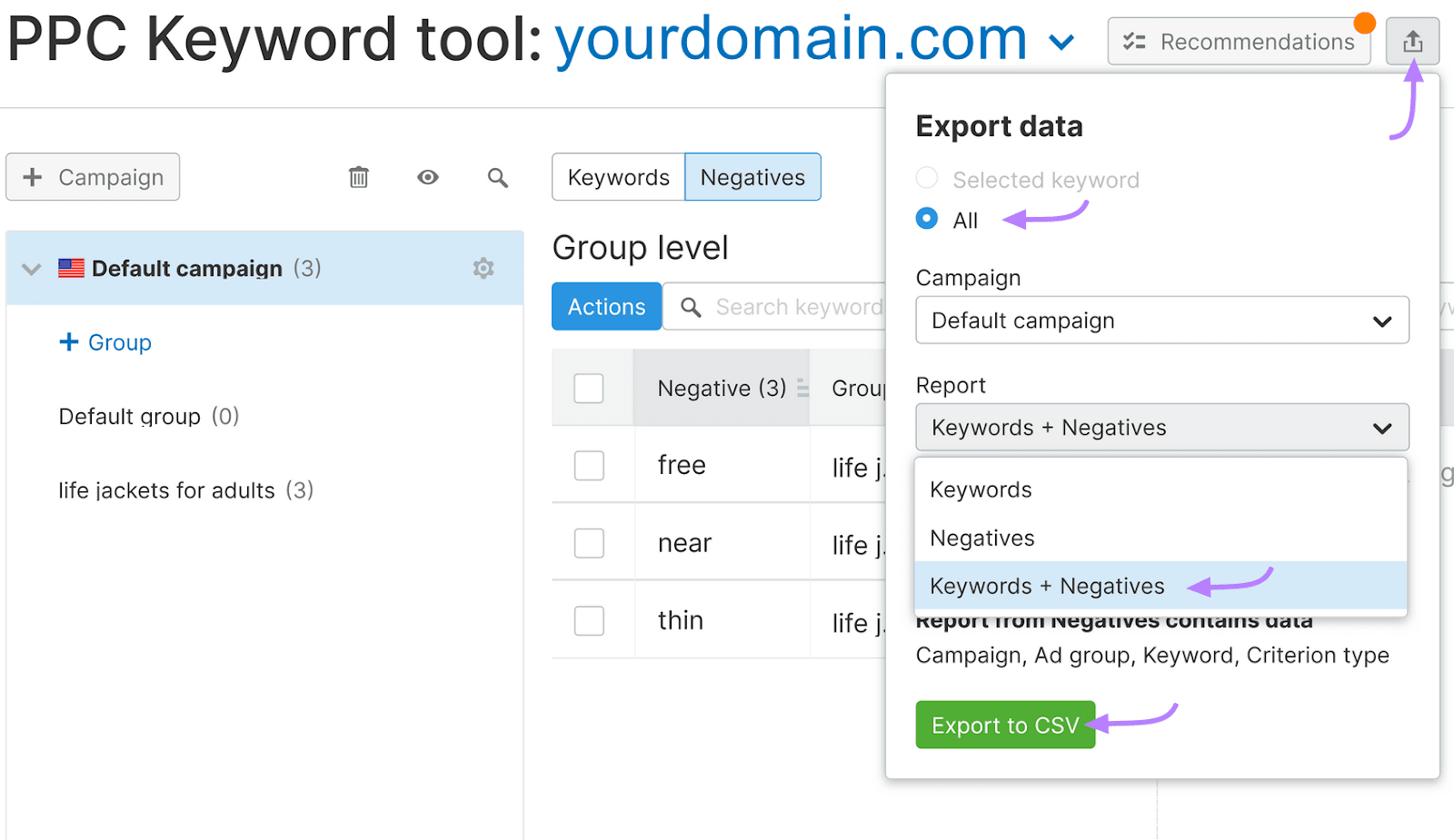 Tool interface with the export menu open on the right, and focus on 