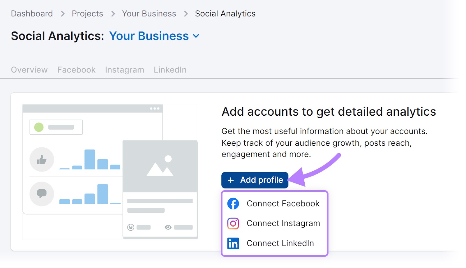 Connect Facebook, Instagram, and LinkedIn 配置文件 to 社会分析 tool