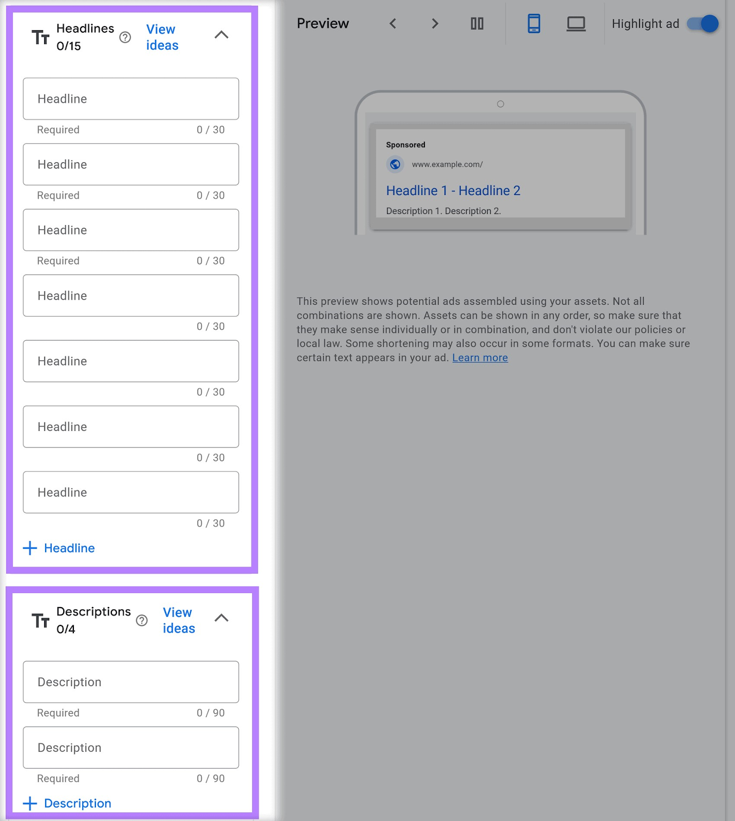 Inputting multiple versions of headlines and descriptions in 谷歌广告
