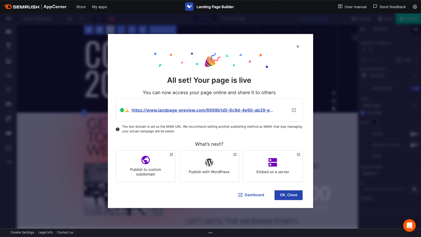 A notification on the Semrush 着陆页生成器 saying that the page is live.