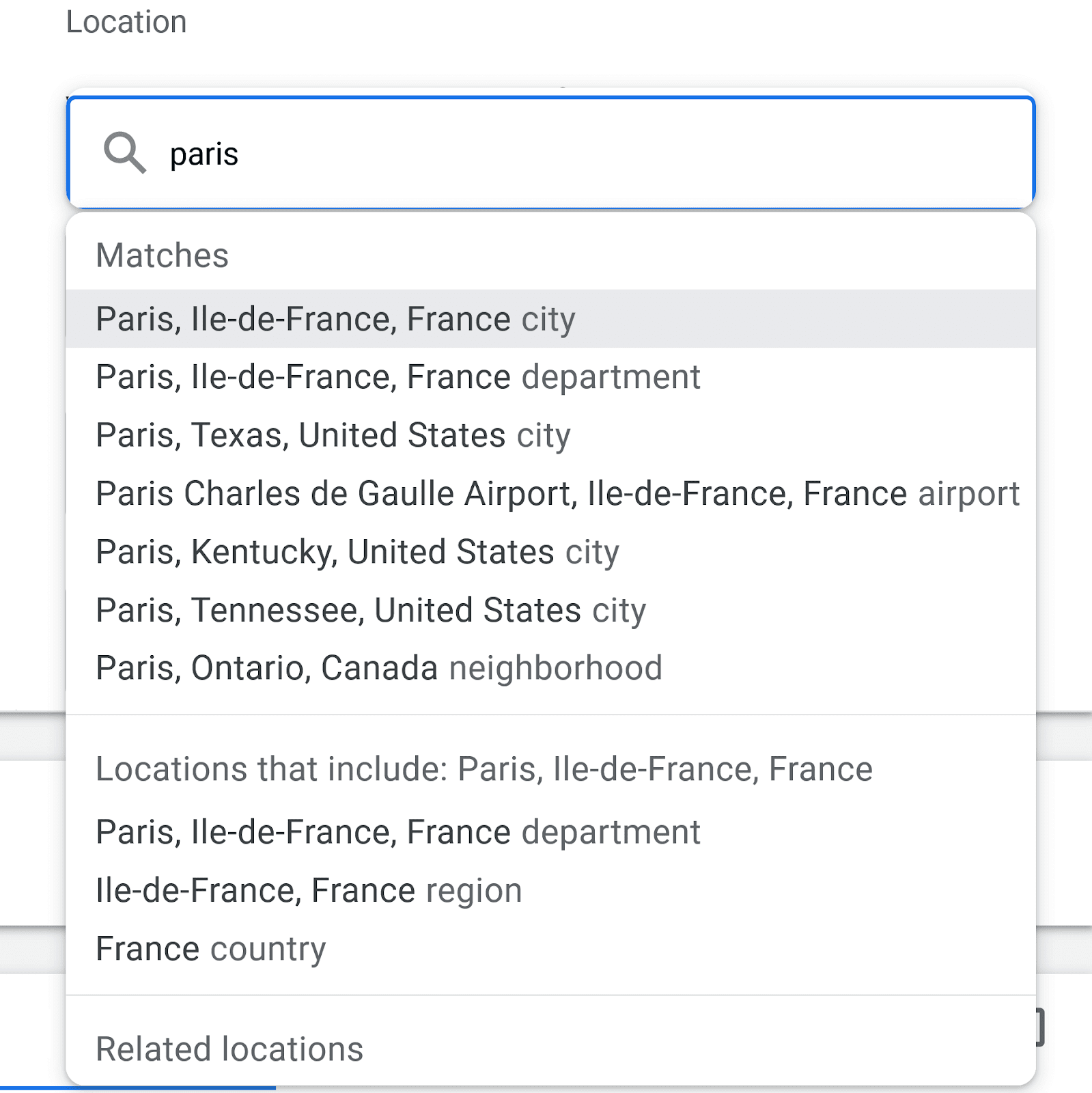 A location search field with text input of 
