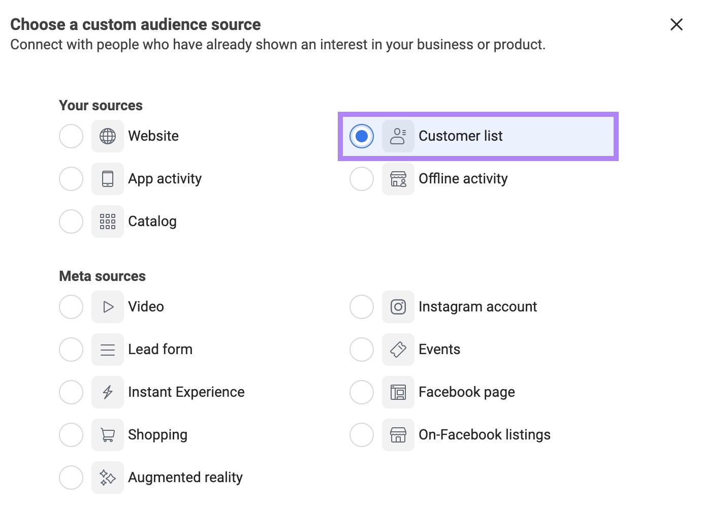 List of sources to create a custom audience for 再评论 on Meta Ads Manager with '客户名单' selected.