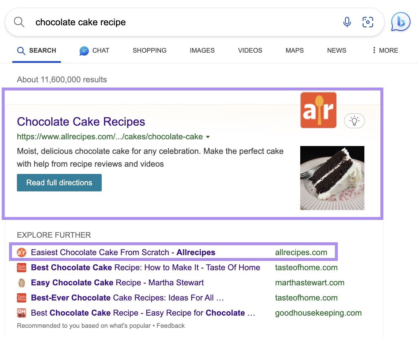 必应’s first results for “chocolate cake recipe” is from
