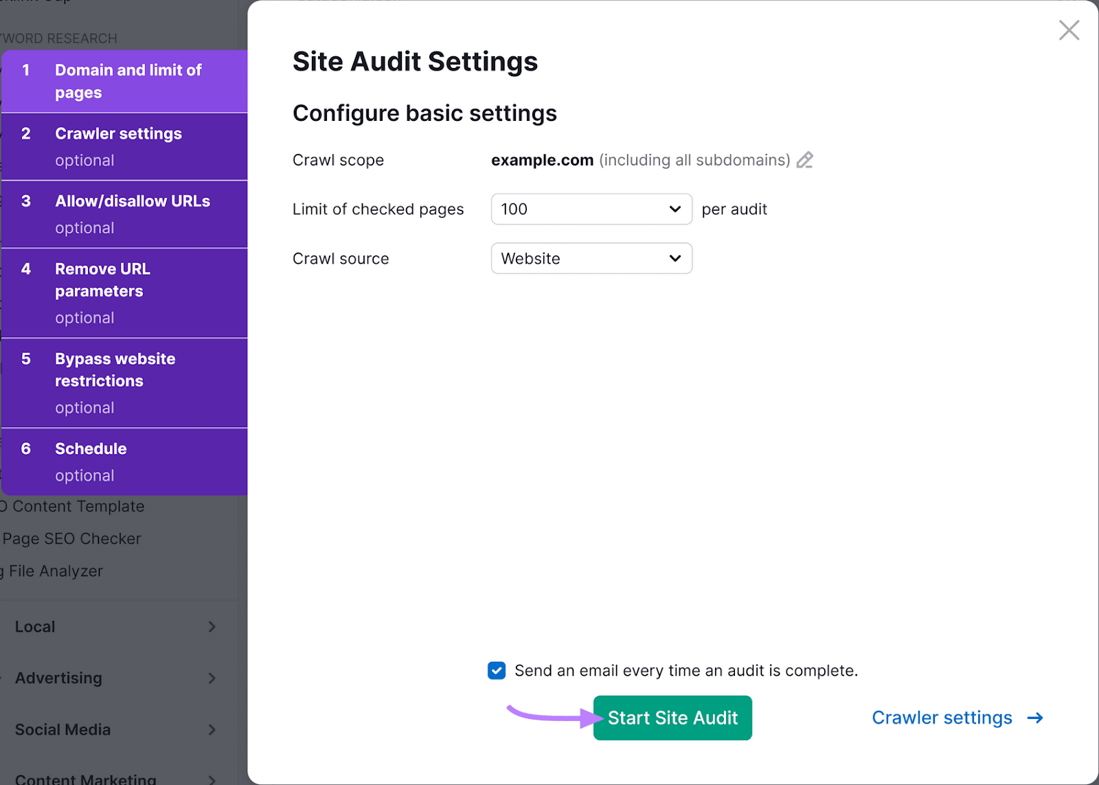 现场审核 Settings with options to configure basic settings and an arrow pointing to a green 