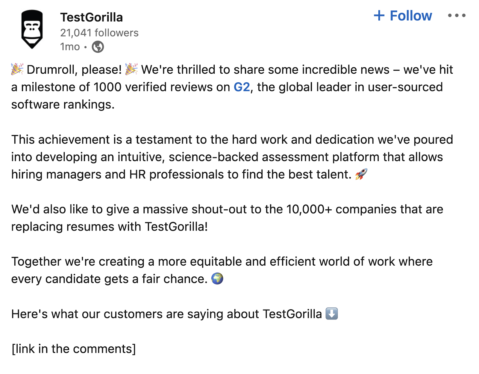 测试大猩猩's 领英 post sharing the achievement of receiving more than 1,000 verified reviews about their product