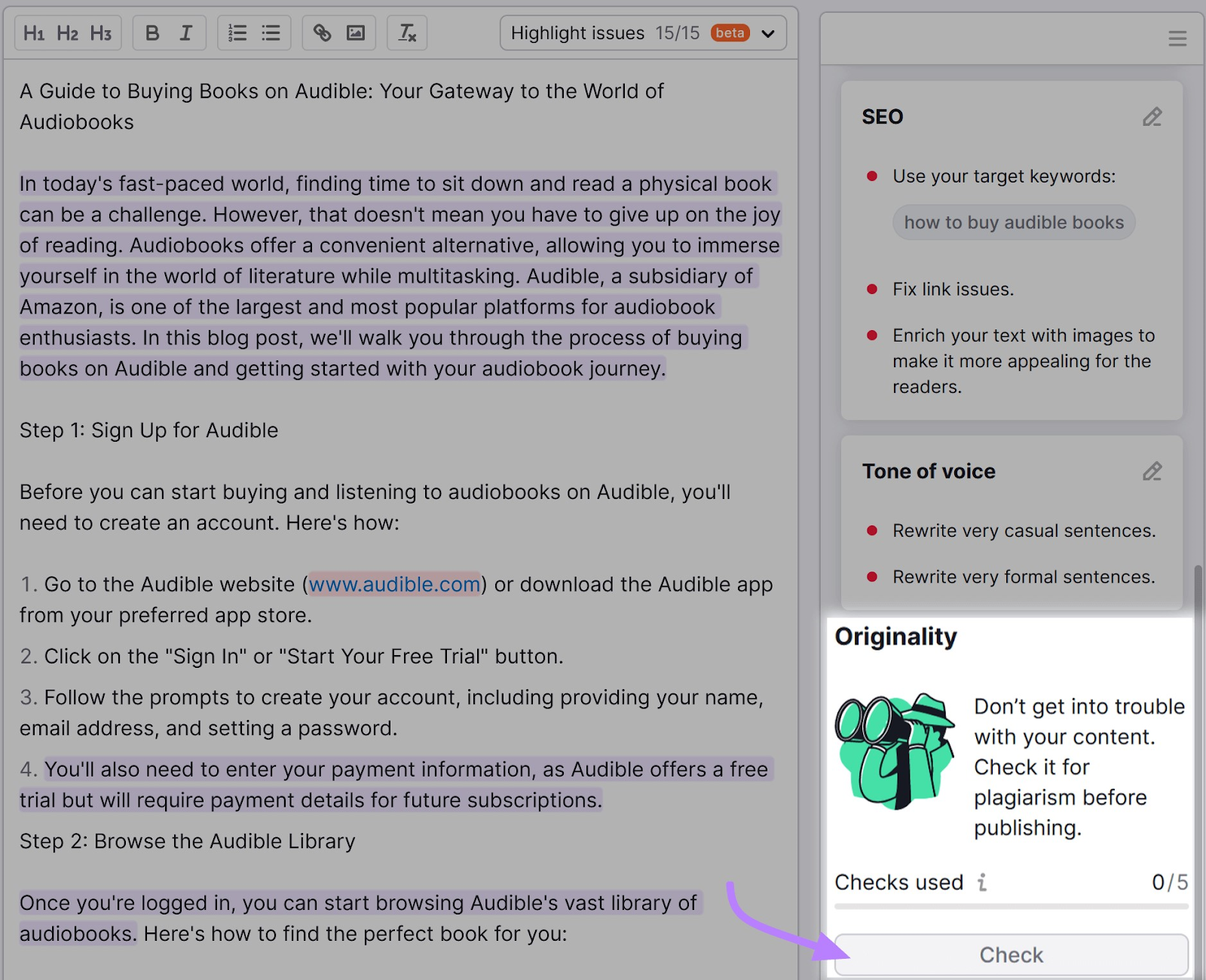 高级行政主任写作助理’s text box with 独创性 section highlighted on the left side menu