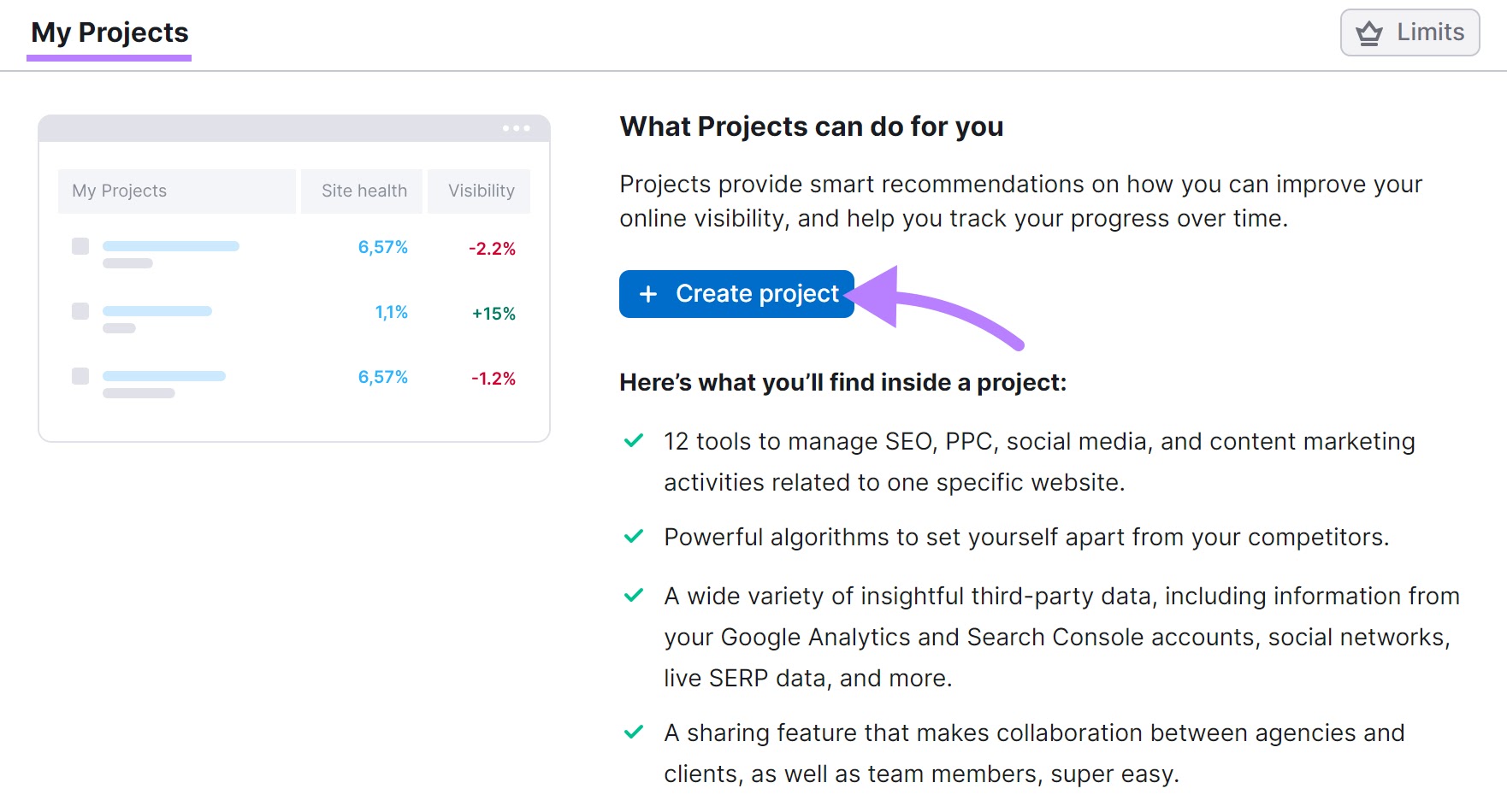 My projects page with the