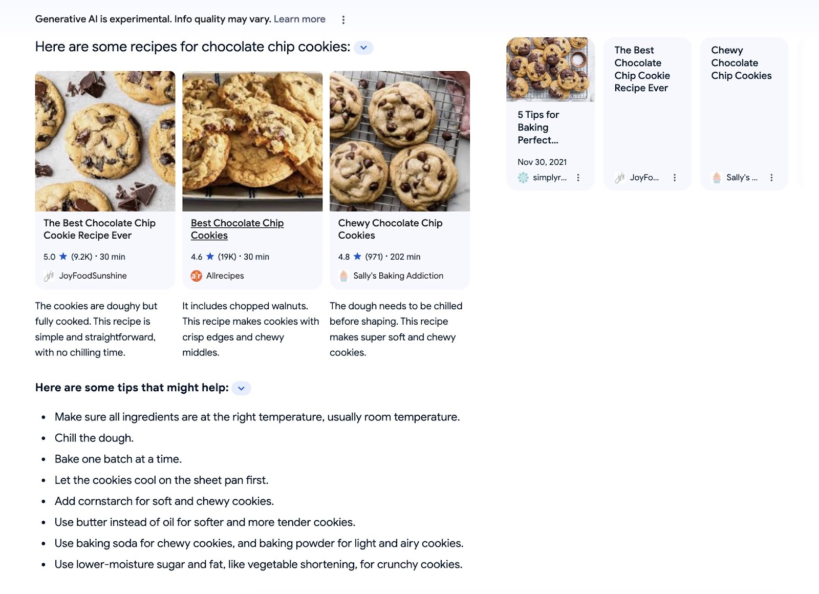 Google SGE results for “best chocolate chip cookie recipe