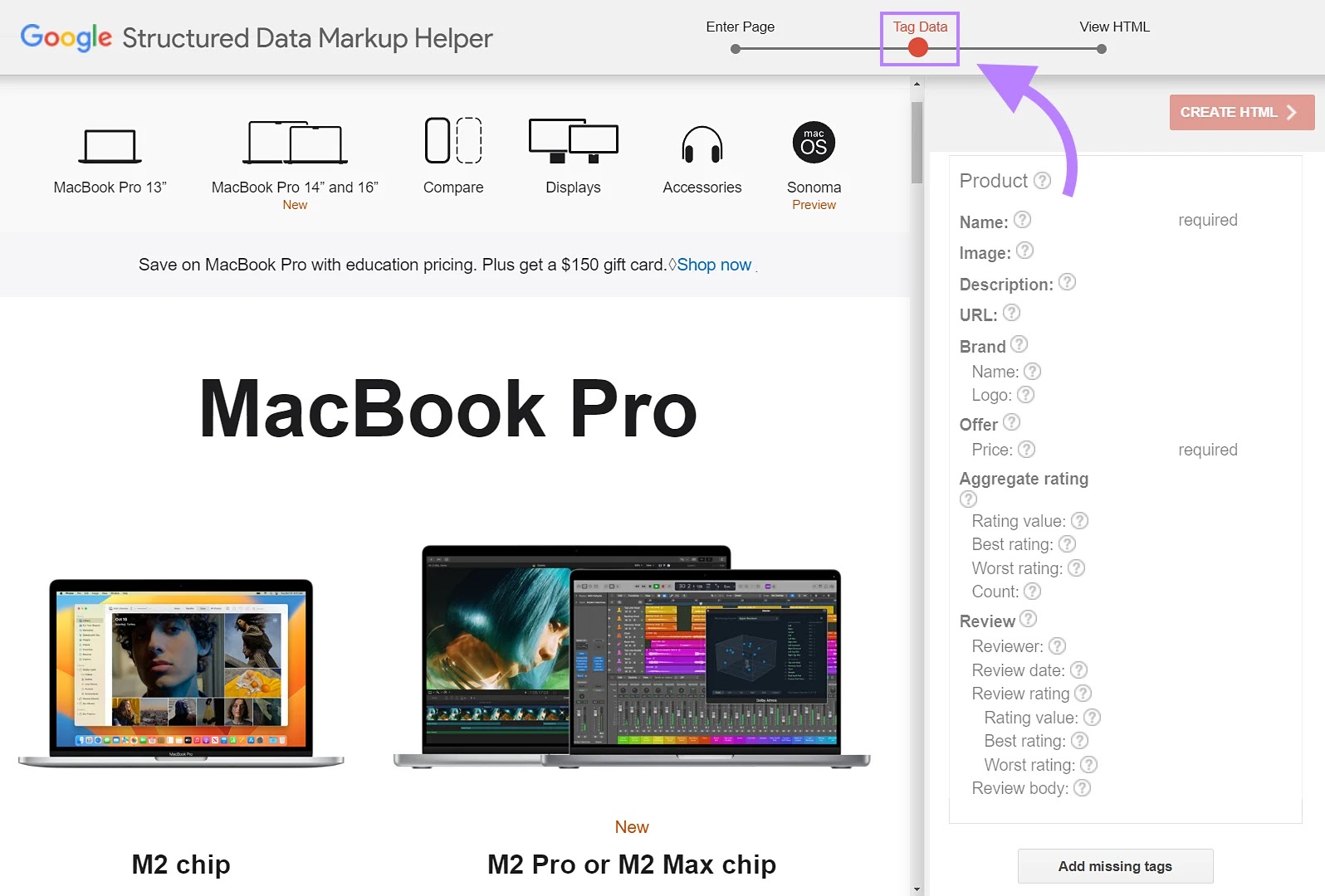 Google 结构化数据标记助手 tool showing the “Tag Data” view with the Apple Macbook Pro page as an example.