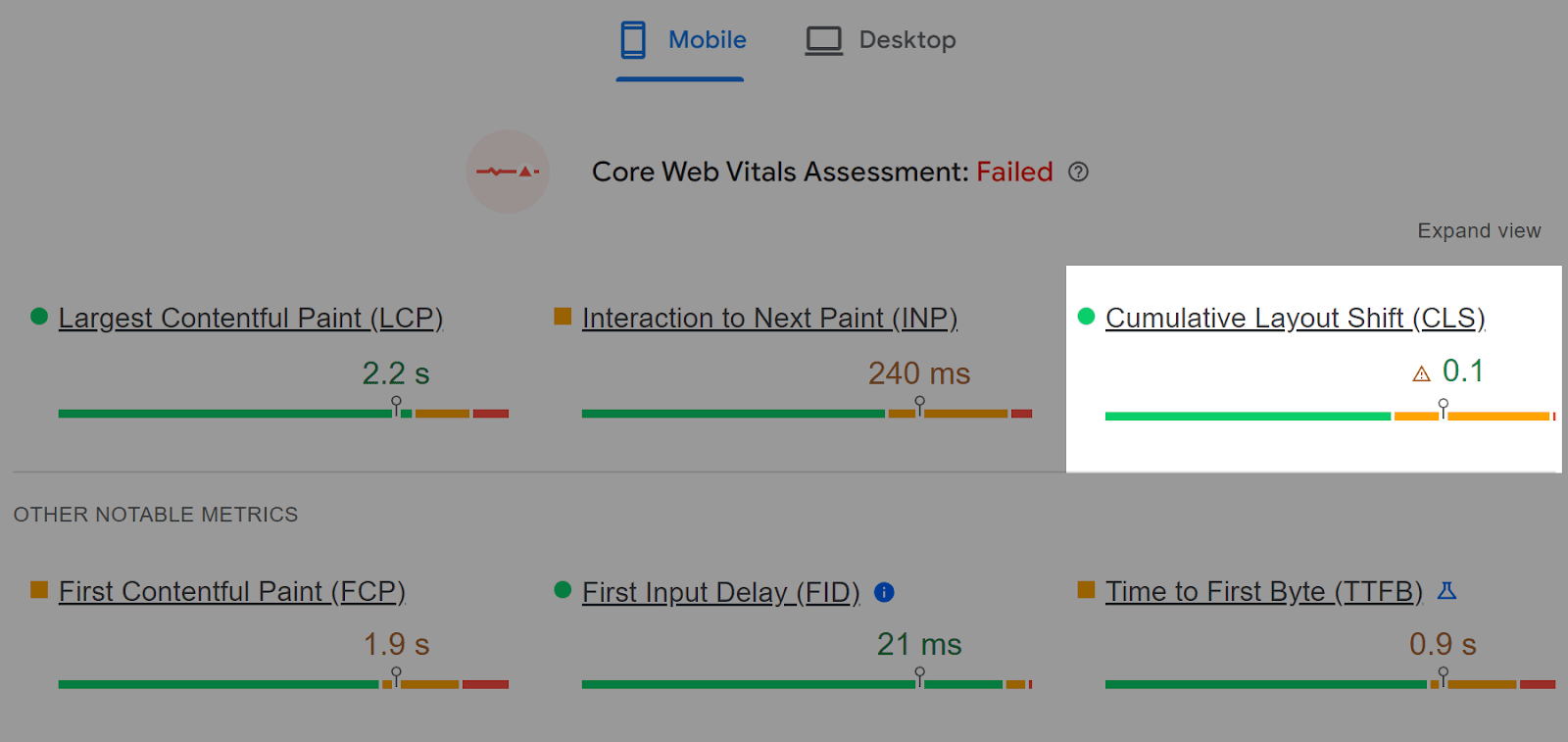 核心网络重要部件 display in PageSpeed洞察 showing the website is failing.