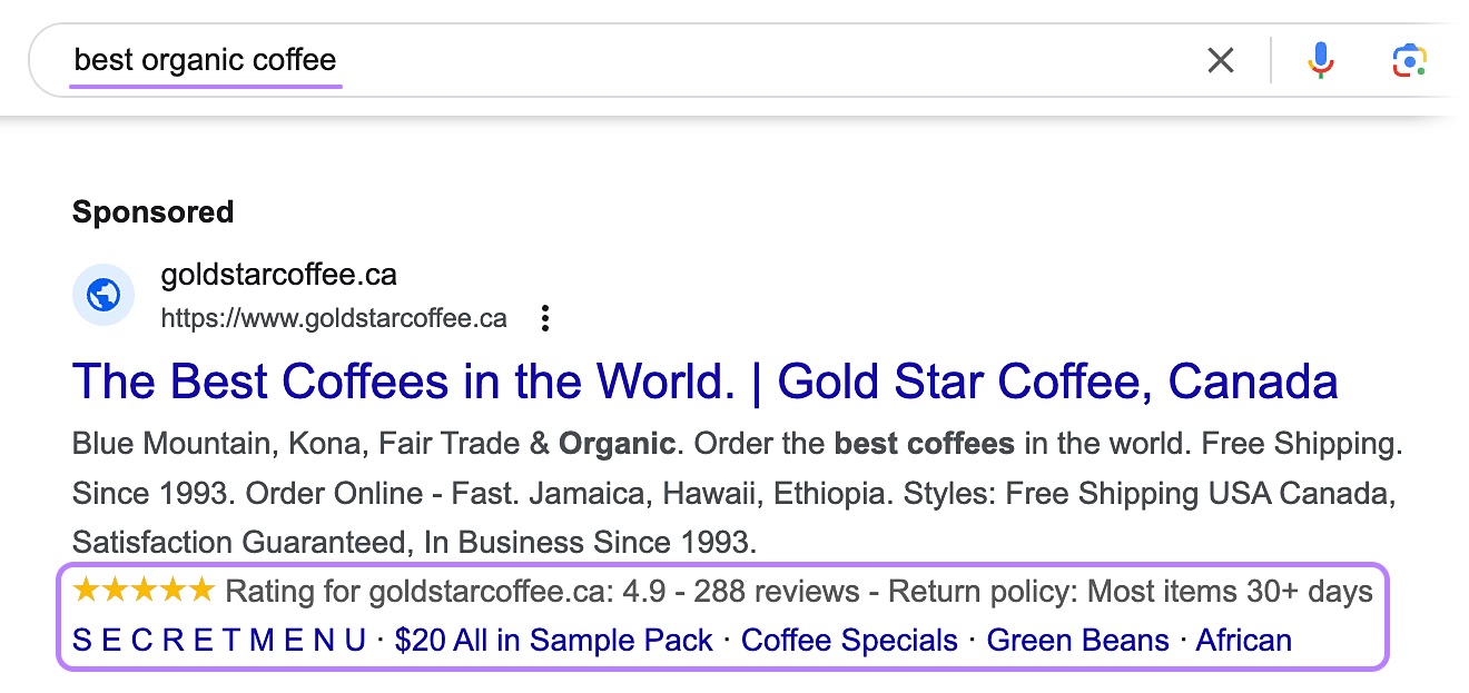 谷歌 search ad for “best organic coffee” query