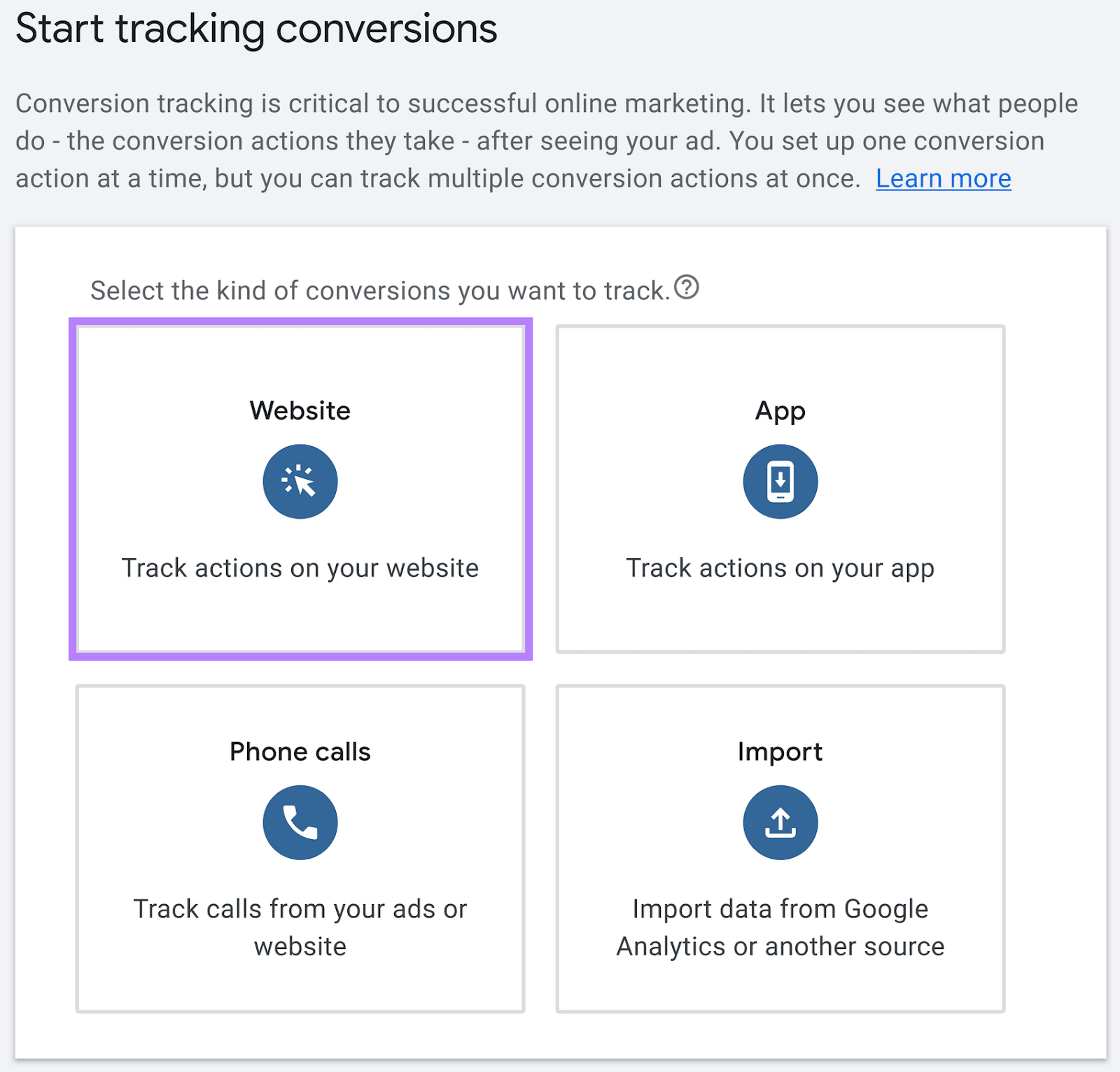 “网站”chosen under the type of conversion to track