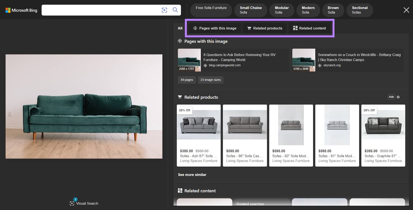 必应视觉搜索 engine results for an image of a green sofa