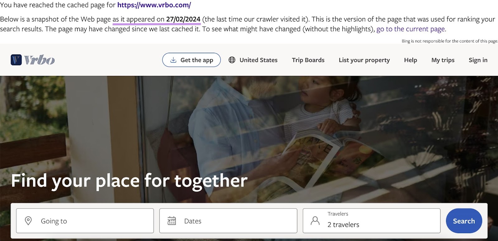 必应’s cached version of Vrbo's page