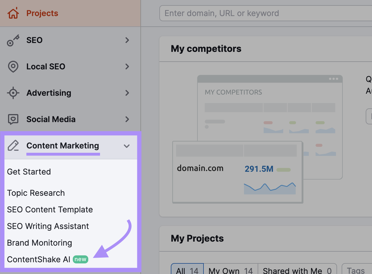 “Ai内容” selected from the Semrush menu