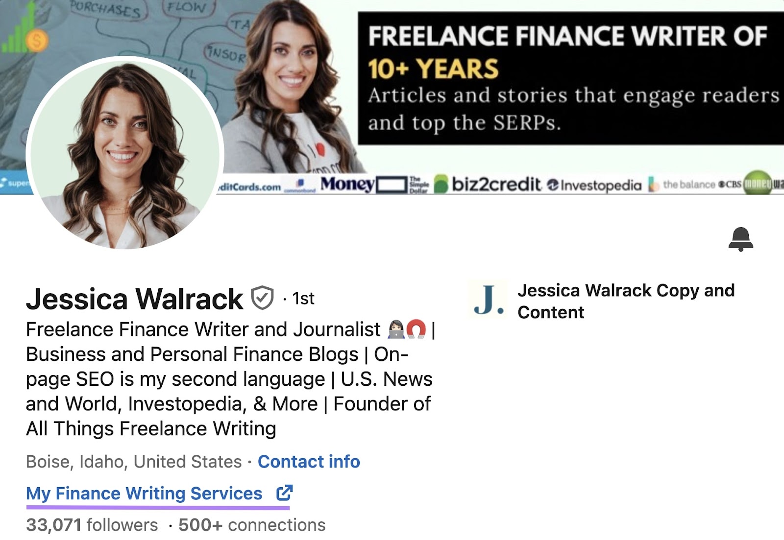 领英 profile page of Jessica Walrack with custom button highlighted