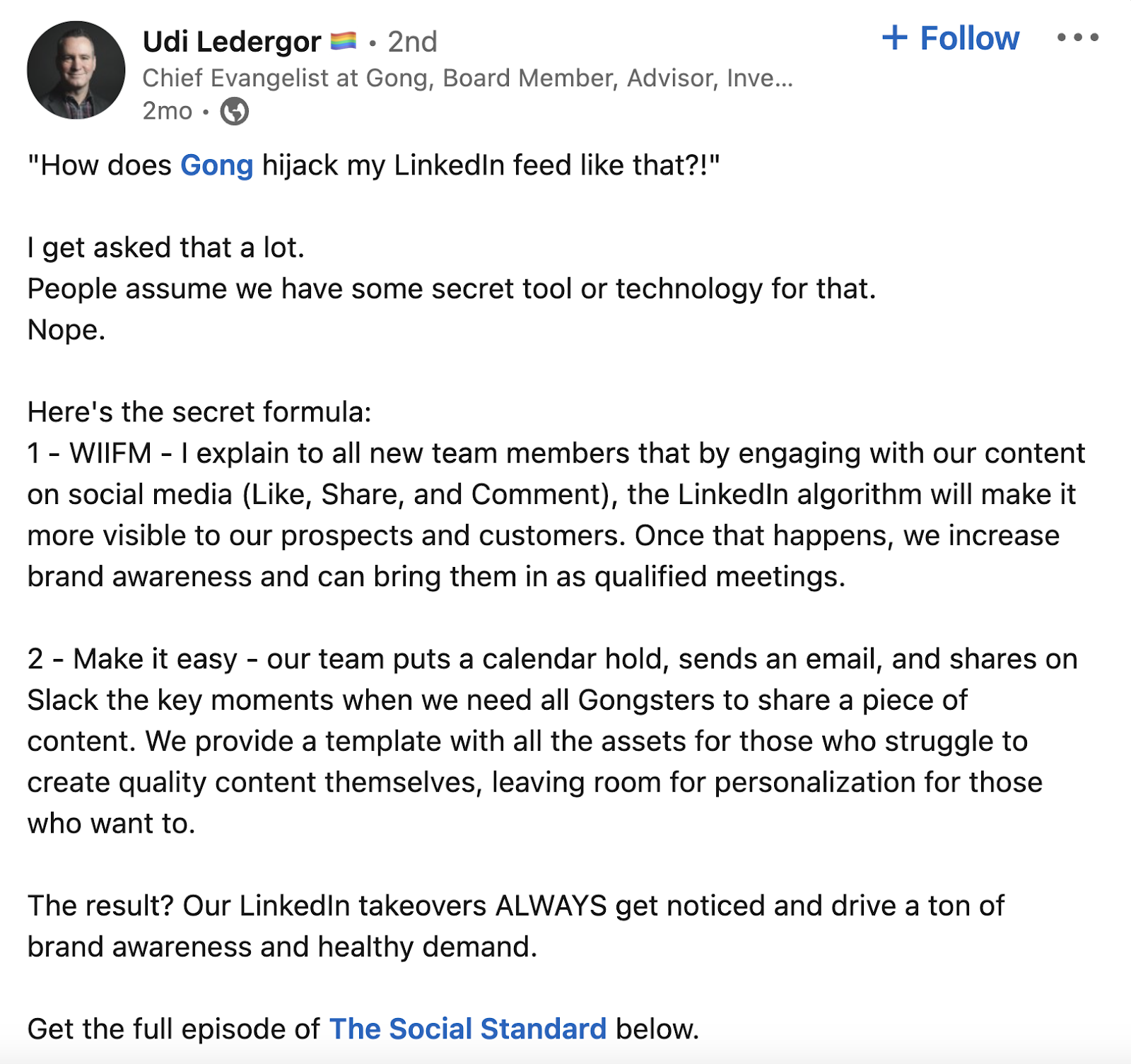 乌迪Ledergor's 领英 post explaining the importance of employee engagement