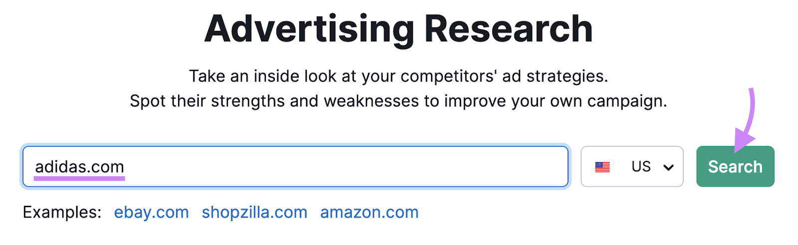 search for adidas.com in 广告研究 tool