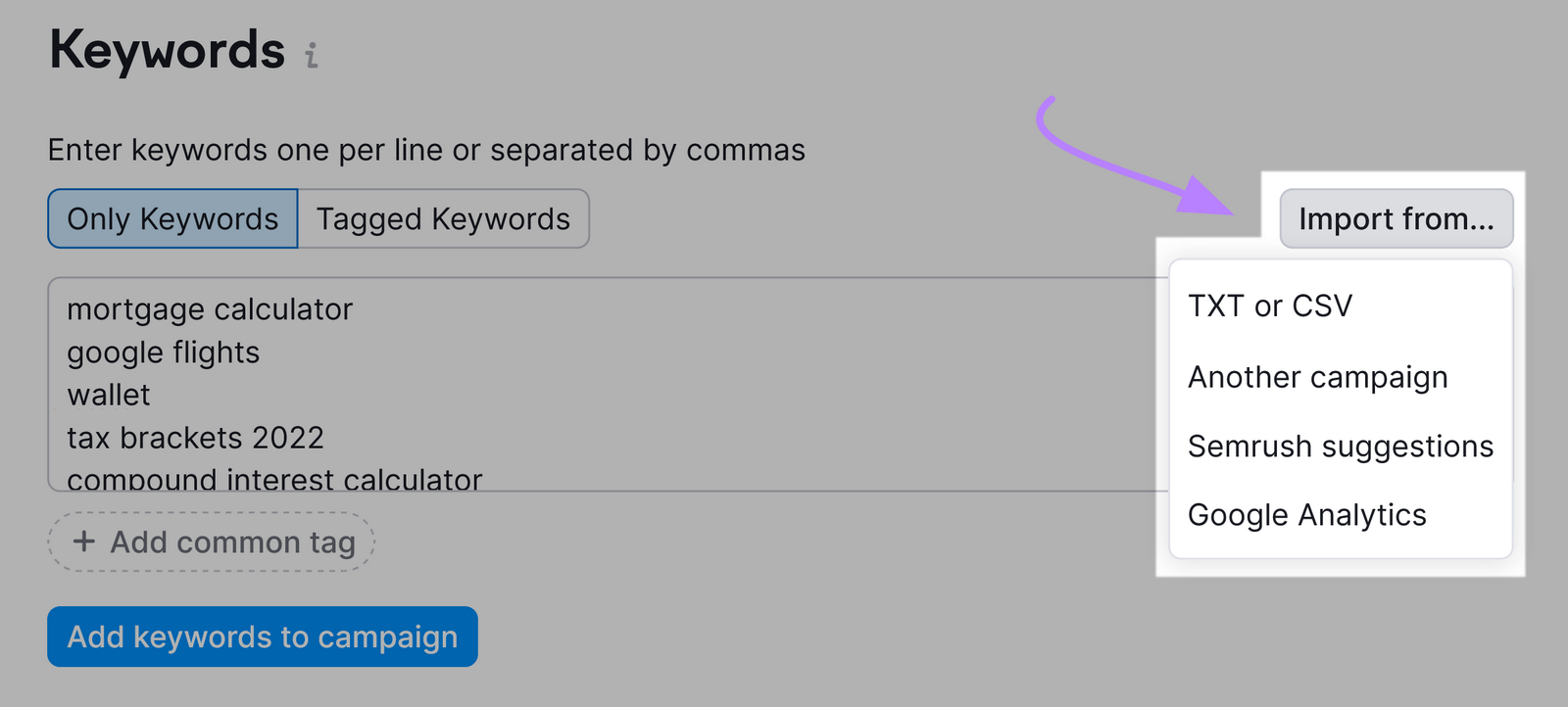 “从…”button with drop-down menu showing options