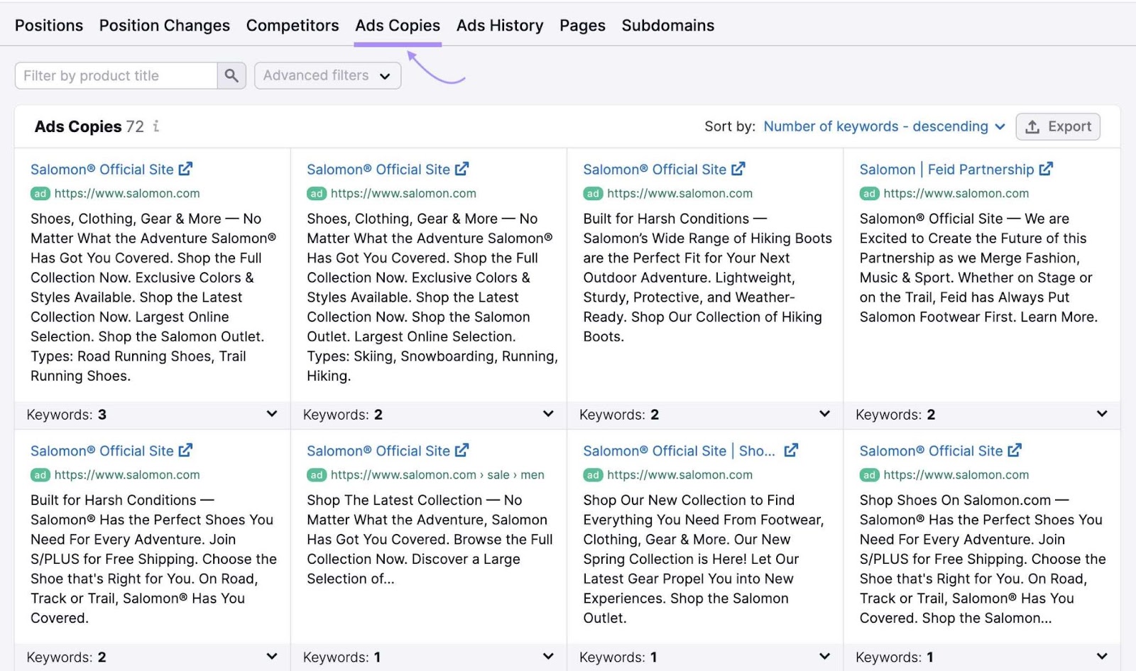 Ads copies shown for competitors' ads in 广告研究 tool