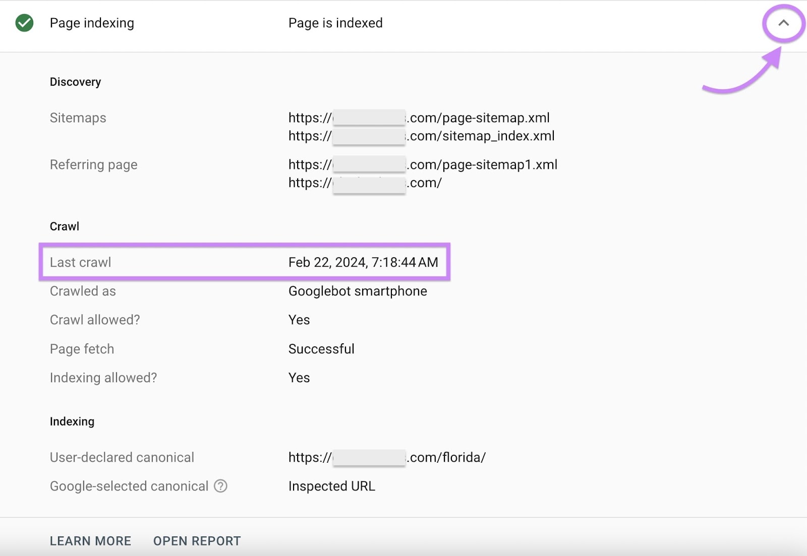 “页面索引”drop-down menu showing when Google crawled the page