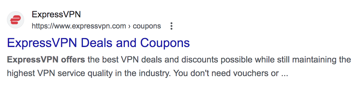 ExpressVPN's Deals和Coupons page on SERP