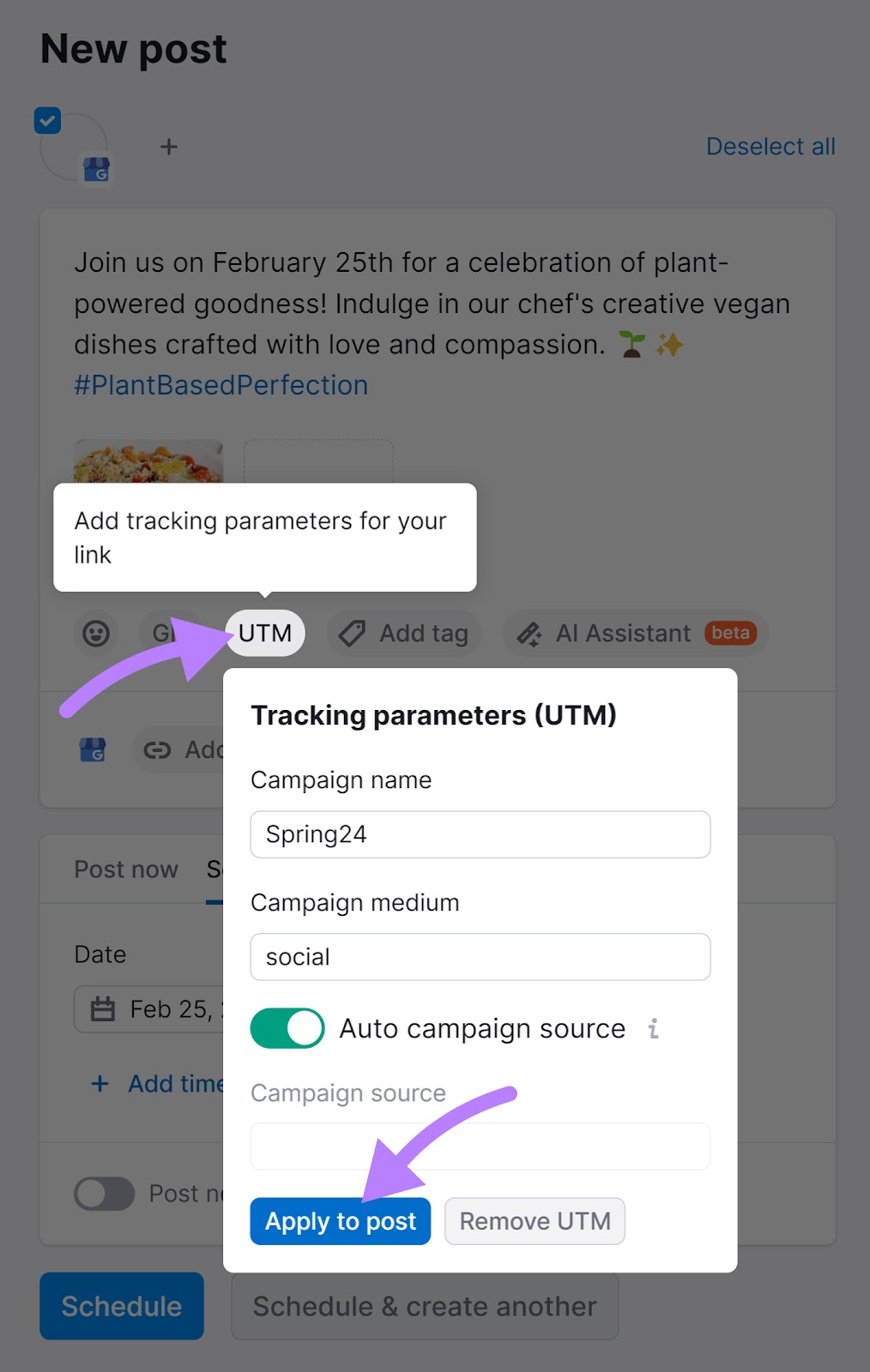Add a UTM跟踪器 to your GBP post in 社交海报 tool