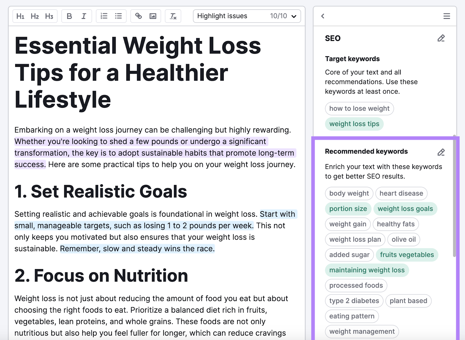 Recommended 关键词 are body weight, weight loss plan, processed foods, etc.