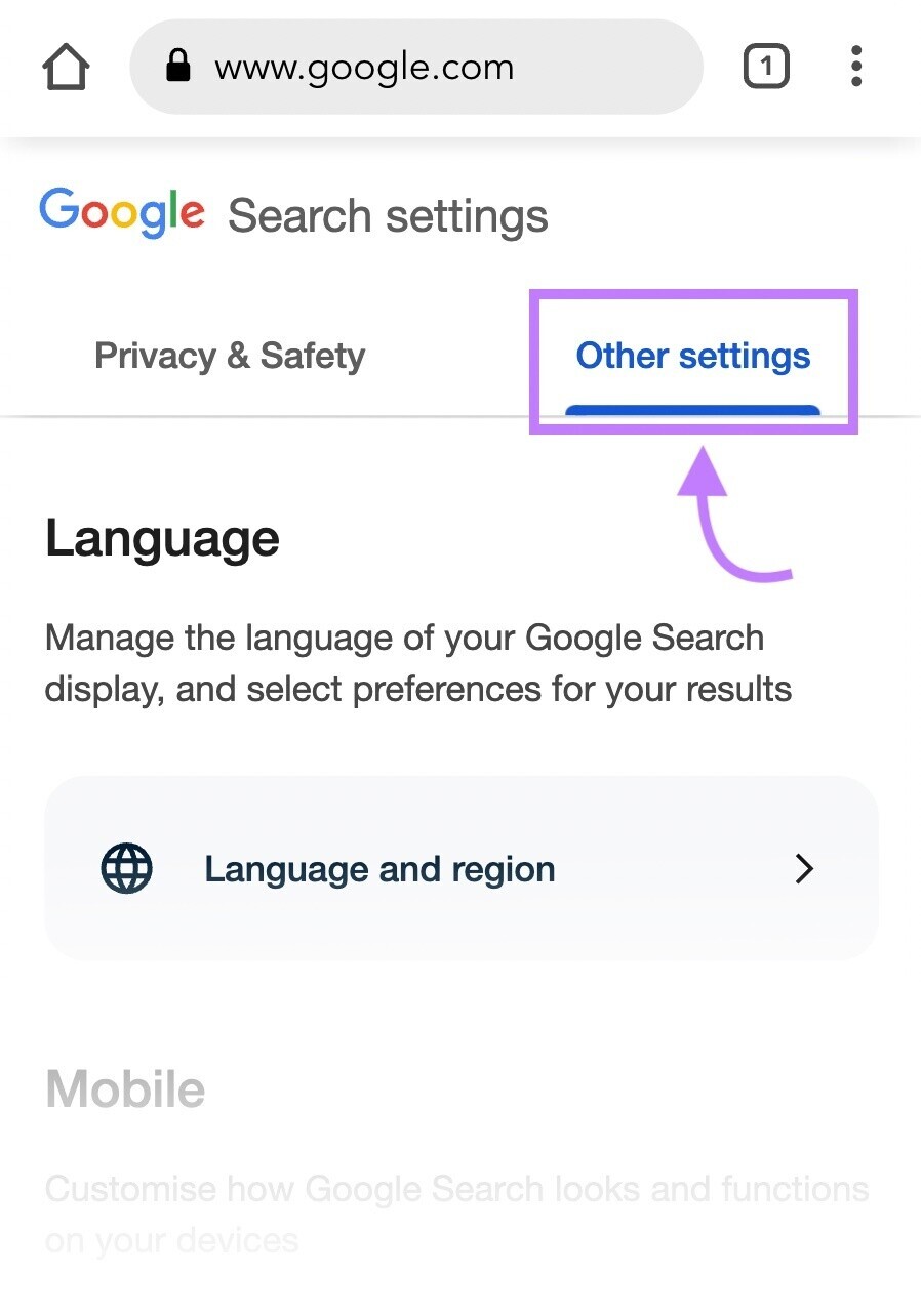 Google “其他设置” button highlighted in purple